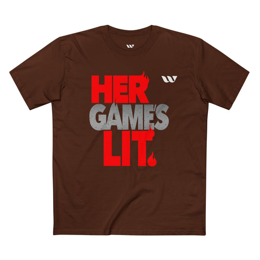 Her Game's Lit T-Shirt — WREPPED Bold Red & Gray Graphic Tee for Gamers
